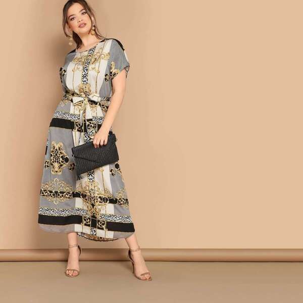 

Plus Mixed Scarf Print Curved Hem Belted Dress, Multicolor