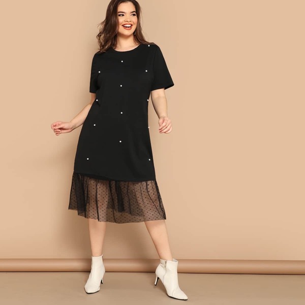 

Plus Pearl Beading Dot Mesh Hem Dress, Black