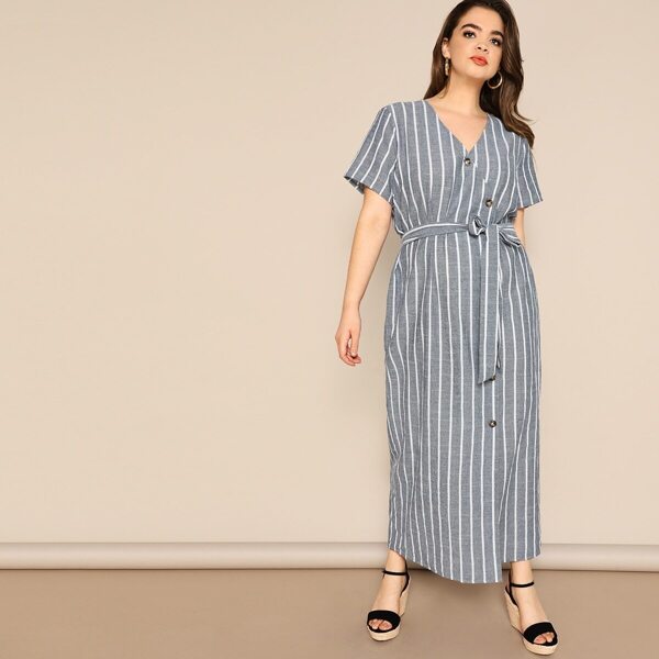 

Plus Button Front Striped Shirt Dress With Belt, Multicolor