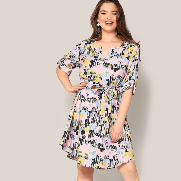 

Plus Brush Stroke Print Roll Up Sleeve Belted Dress, Multicolor