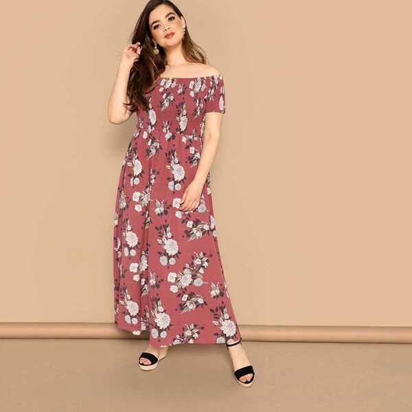 

Plus Botanical Print Shirred Off Shoulder Dress, Multicolor