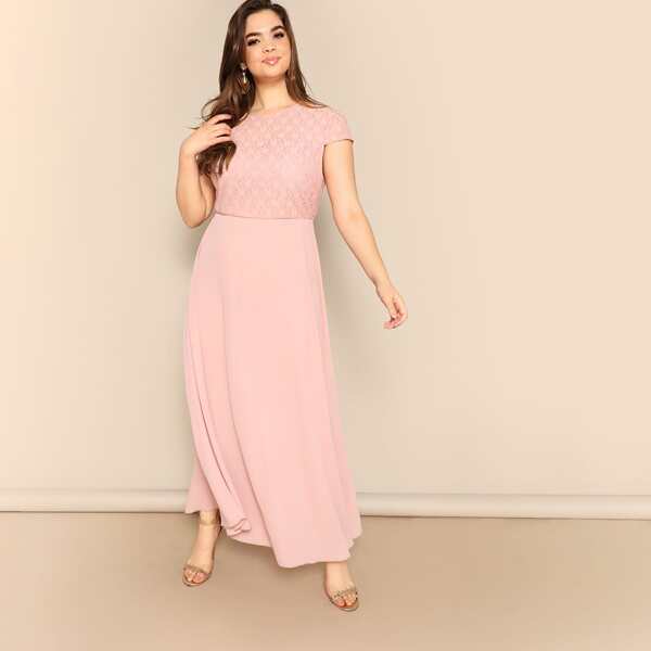 

Plus Flower Lace Bodice Cap Sleeve Solid Dress