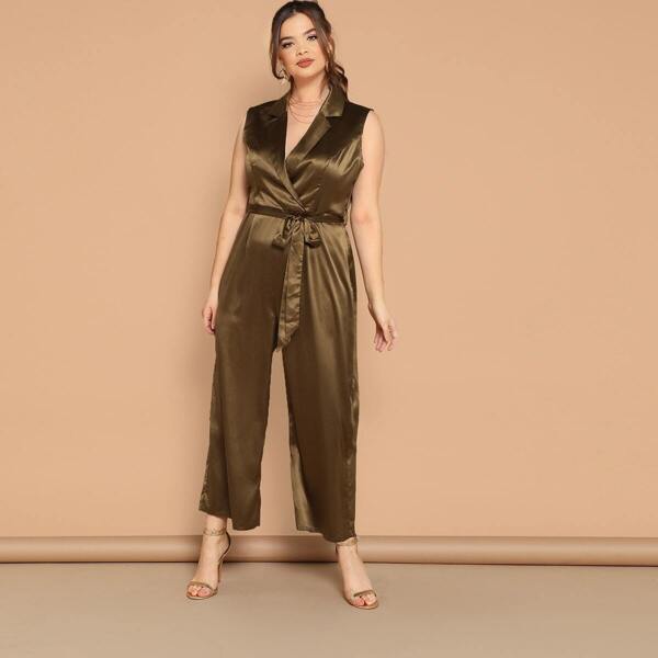 

Plus Notched Surplice Neck Belted Satin Jumpsuit