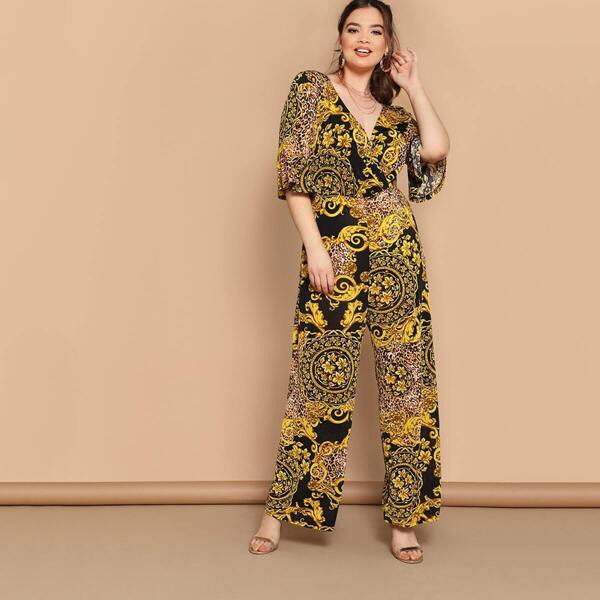 

Plus Surplice Neck Flutter Sleeve Scarf Jumpsuit