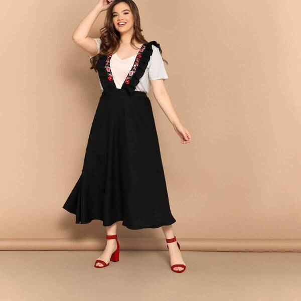 

Plus High Waist Flare Skirt With Embroidery Ruffle Strap, Black