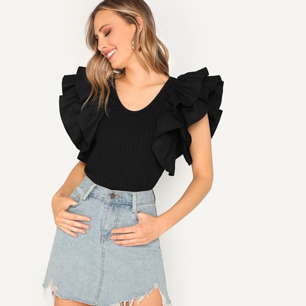 

Exaggerated Ruffle Sleeve Rib-knit Tee, Black