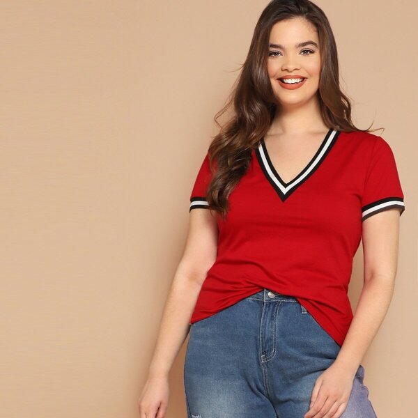 

Plus V-Neck Ringer Top, Red