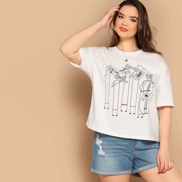 

Plus Drop Shoulder Sketch Print Tee, White