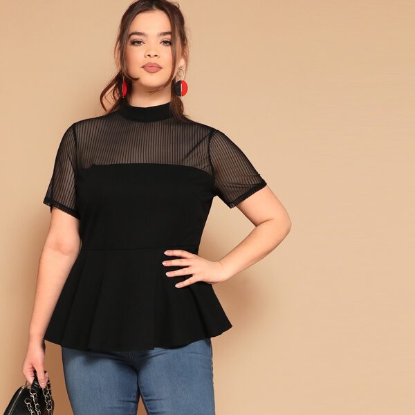 

Plus Striped Mesh Yoke Peplum Top