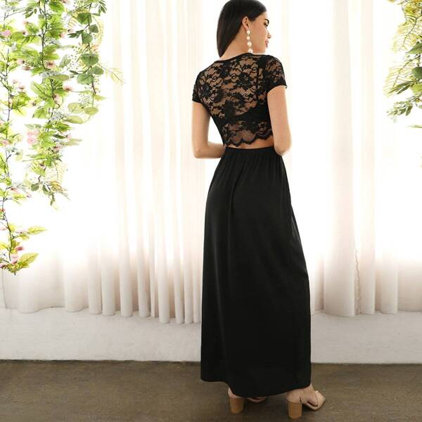 

Lace Crop Top Without Bra & High Split Skirt Set, Black