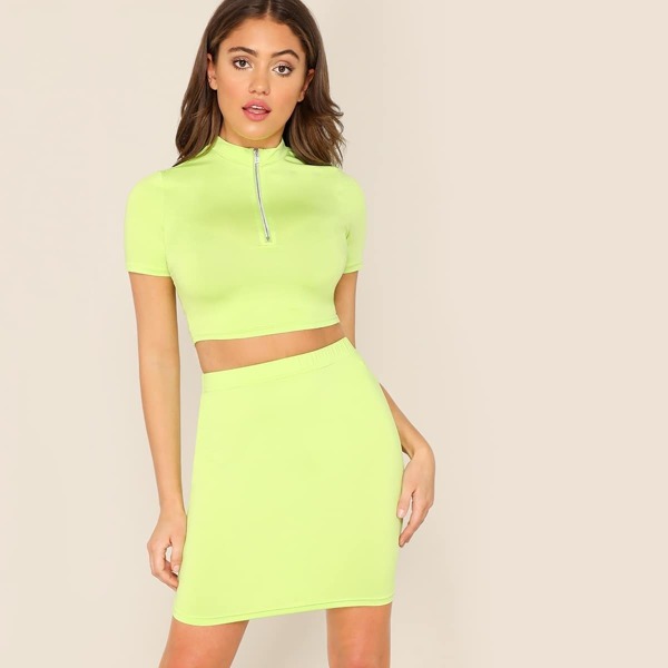 

Zip Half Placket Neon Lime Crop Tee & Skirt Set