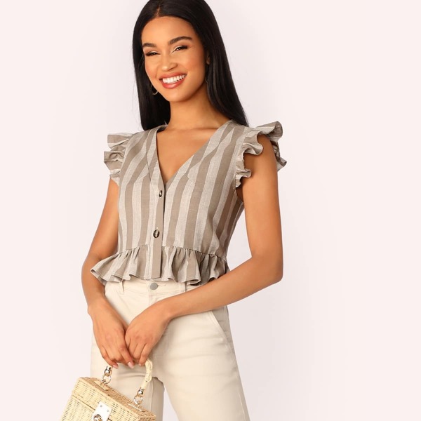 

Ruffle Trim Button Through Striped Peplum Crop Top, Multicolor