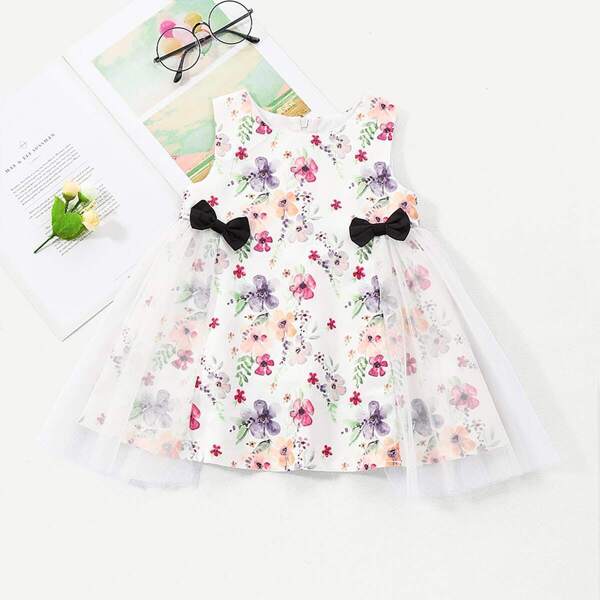 

Toddler Girls Floral Print Contrast Mesh Dress, Multicolor