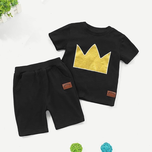 

Toddler Boys Imperial Crown Print Patched Tee With Shorts, Black