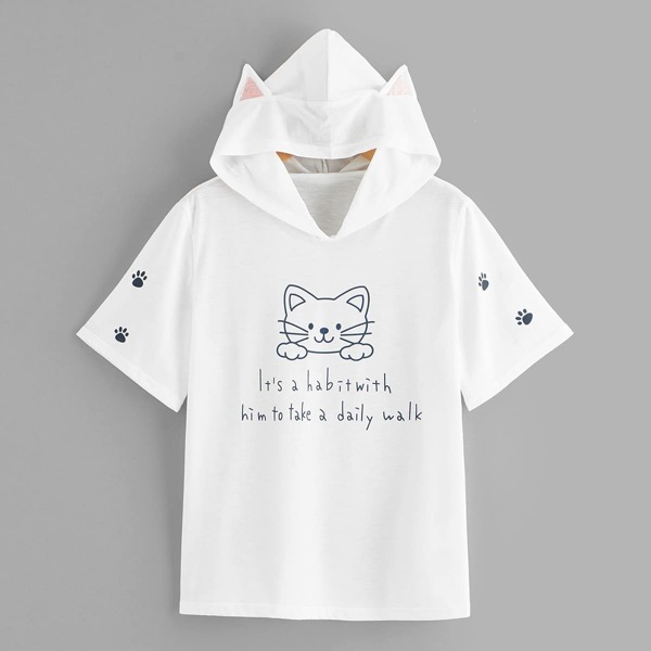 

Letter & Cartoon Graphic Cat Ears Hooded Tee, White