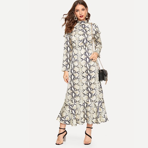 

Snake Skin Tie Neck Ruffle Hem Dress