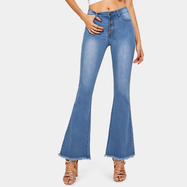 

Button Waist Raw Hem Flare Leg Jeans, Blue
