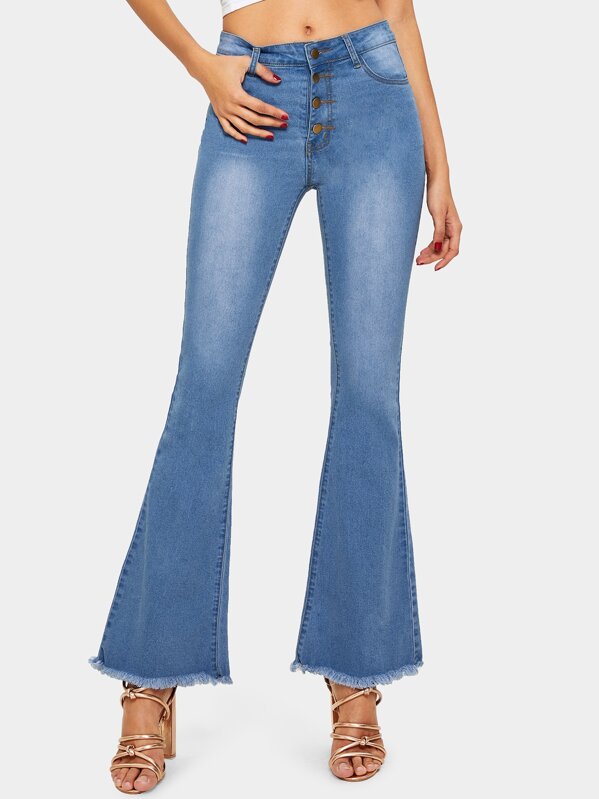 

Button Waist Raw Hem Flare Leg Jeans, Blue, Maiara