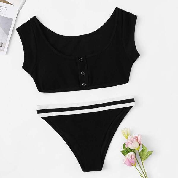 

Eyelet Front Top With Striped Trim Bikini
