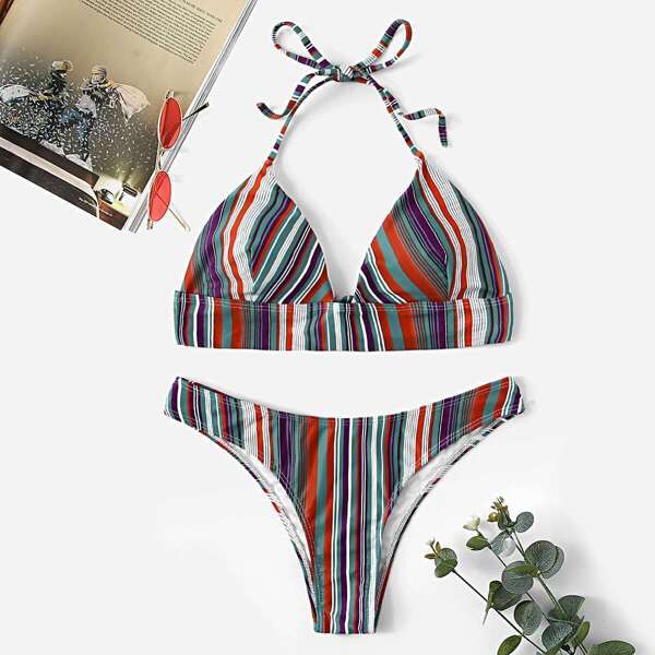 

Striped Halter Top With Cheeky Bikini Set, Multicolor