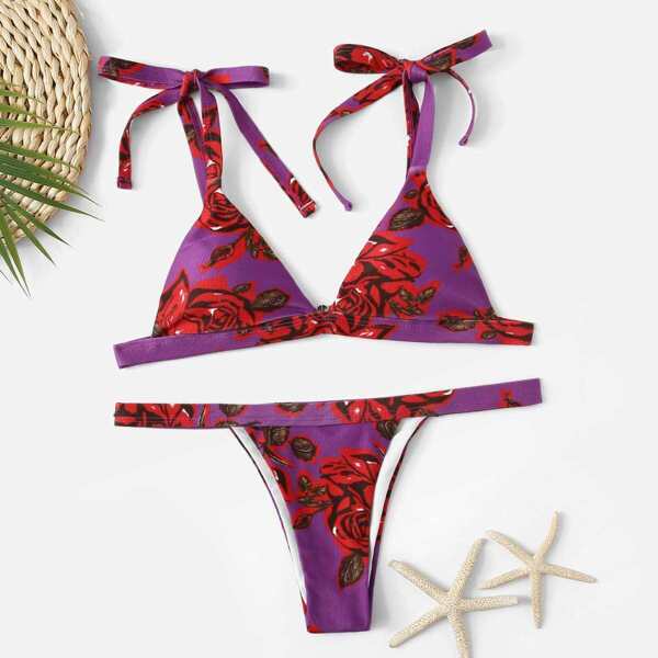 

Floral Tie Shoulder Top With Tanga Bikini Set, Multicolor