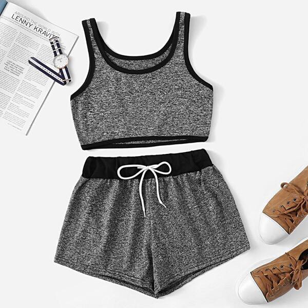 

Contrast Trim Crop Top With Drawstring Waist Shorts, Grey