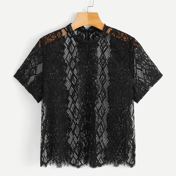 

Keyhole Back Sheer Lace Top Without Bra