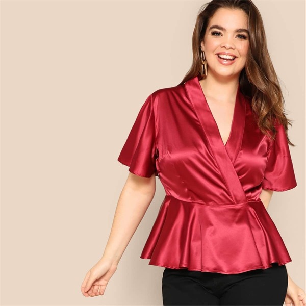 

Plus Ruffle Sleeve Wrap Satin Peplum Top