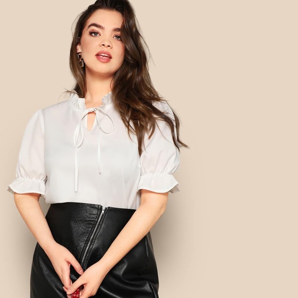 

Plus Frill Tie Neck Flounce Sleeve Blouse
