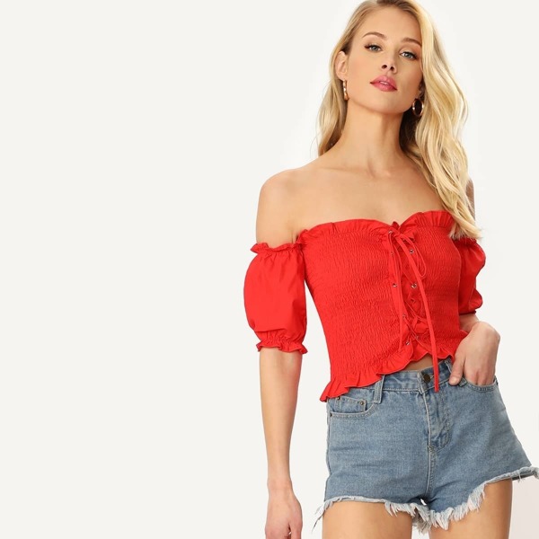 

Lace-up Frilled Hem Shirred Off Shoulder Top, Red bright