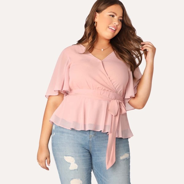 

Plus Bell Sleeve Surplice Wrap Top, Pink
