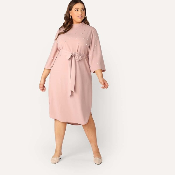 

Plus Mock-neck Pearl Beaded Dress With Belt