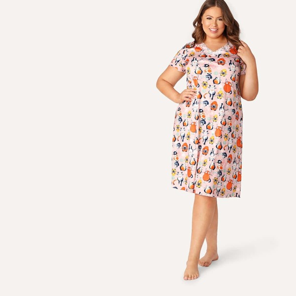 

Plus Lace Trim Allover Cat Print Night Dress