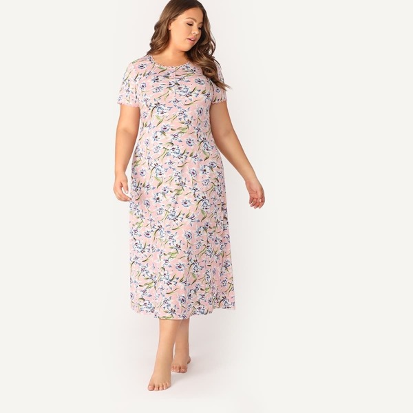 

Plus Lace Trim Half Placket Floral Nightdress, Multicolor