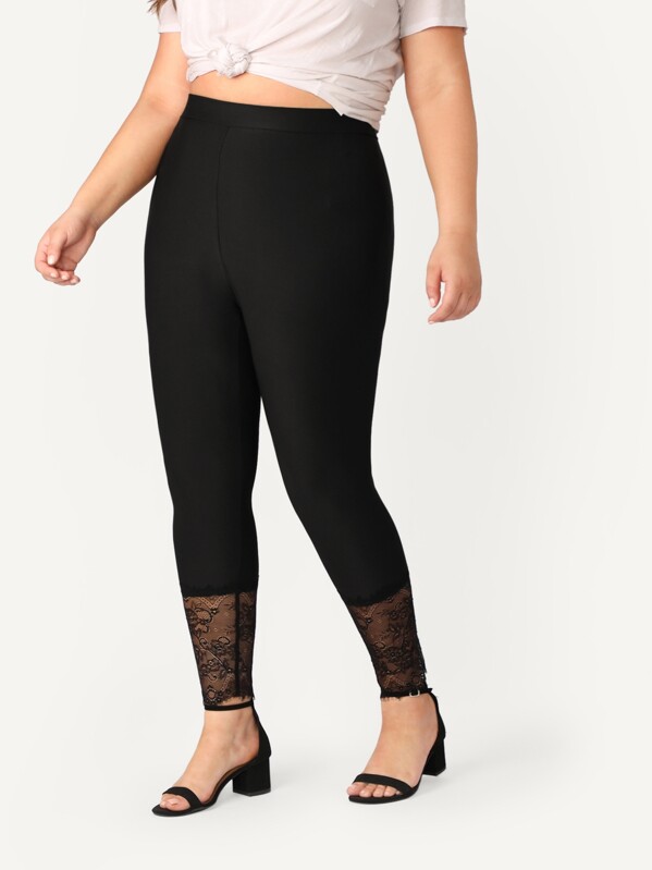 

Plus Lace Hem Fitted Leggings, Black, Bailey Carr