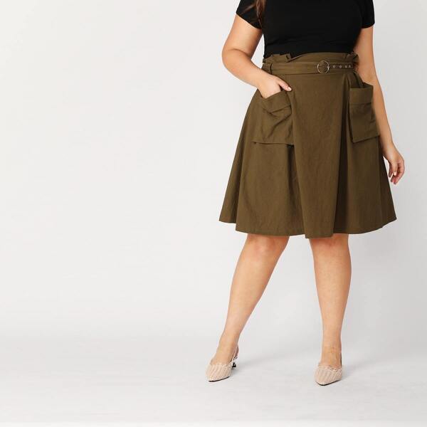 

Plus Paperbag Waist Pocket Front O-ring Belted Skirt, Army green