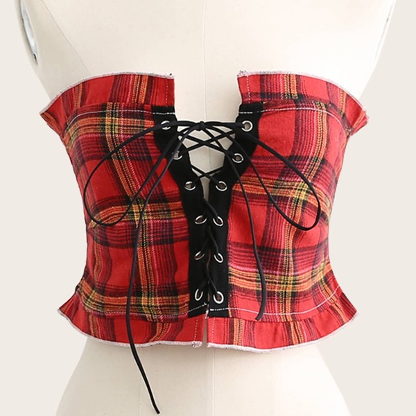 

Lace-up Front Plaid Bandeau Top