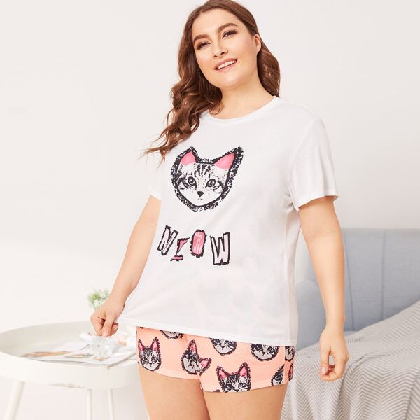 Plus Letter And Cat Print Pajama Set