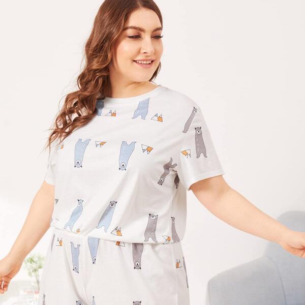 

Plus Ruffle Hem Cartoon Print Pajama Set