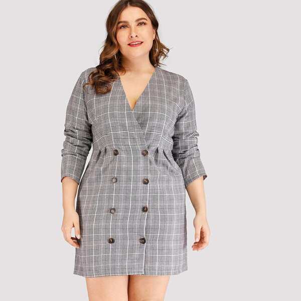 

Plus Plaid Double-breasted V-neck Dress