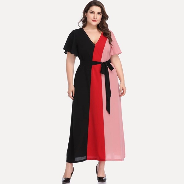 

Plus Color-block V-neck Belted Dress, Multicolor