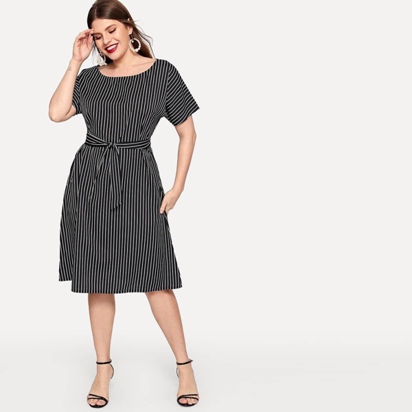 

Plus Striped Self Tie Waist Dress