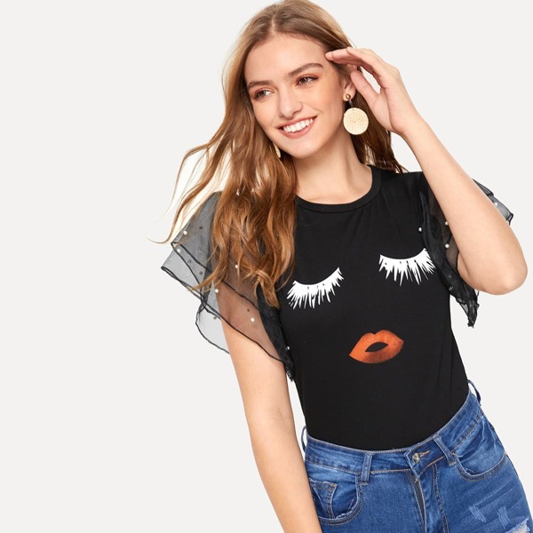 

Pearl Beaded Tiered Mesh Sleeve Tee