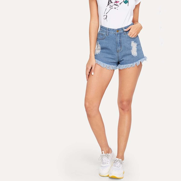 

Ripped Raw Hem Denim Shorts, Blue