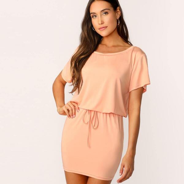 

Tie Waist Solid Blouson Dress