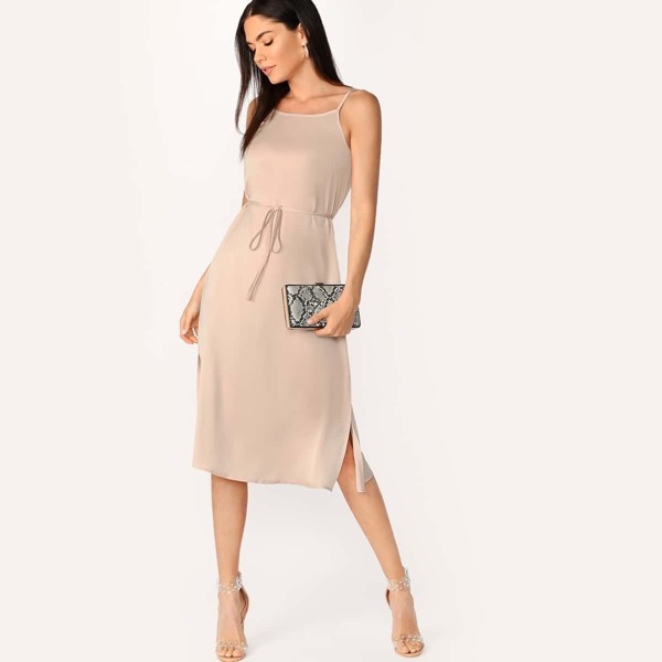 

Open Back Self Tie Slit Slip Dress