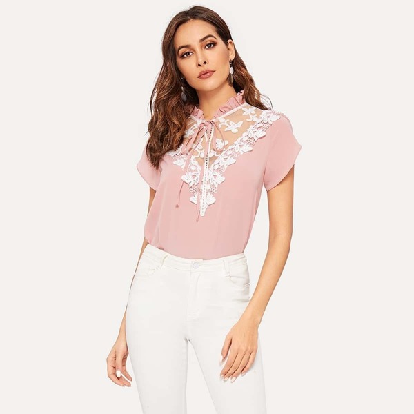 

Tie Neck Lace Crochet Yoke Blouse