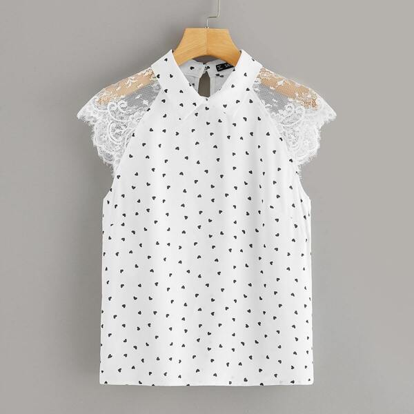 

Lace Raglan Sleeve Heart Print Blouse