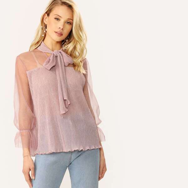 

Tie Neck Mesh Panel Ruffle Cuff Glitter Top