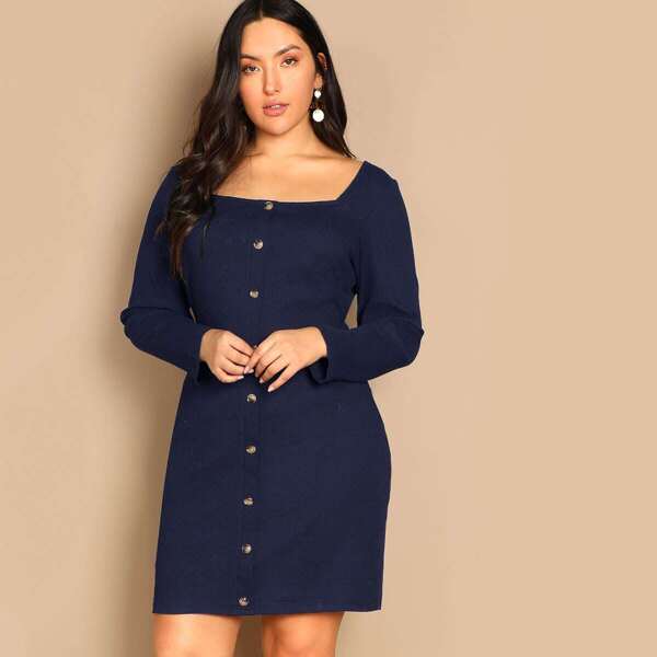 

Plus Button Front Rib-knit Dress